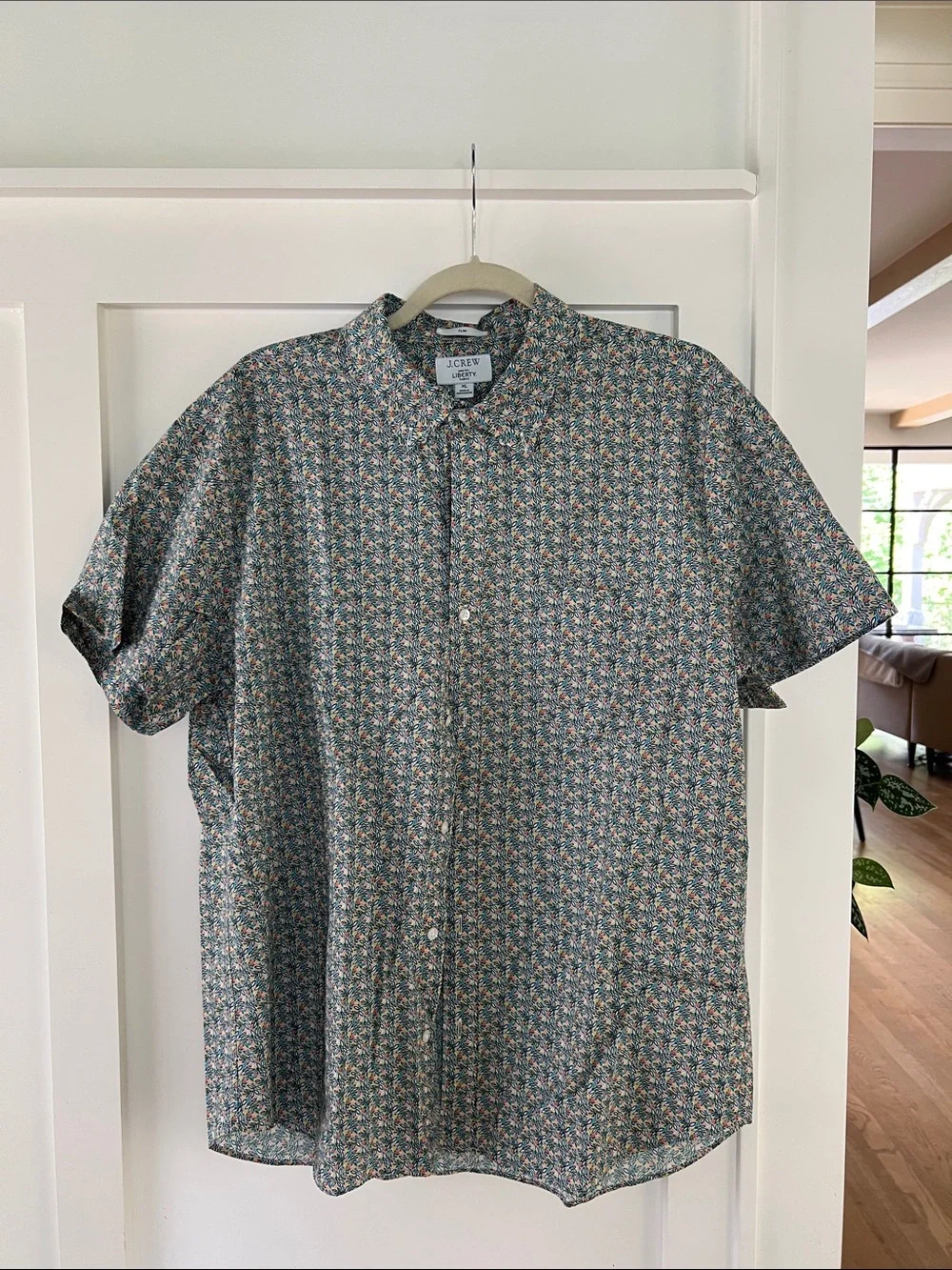 J. Crew Men’s Short-Sleeve Button-Down — Teal and Coral Micro Floral
